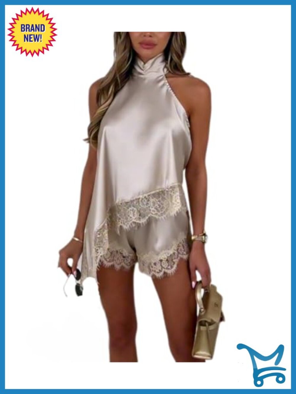 Women 2 Piece Lace Trim Halter Cami Top & Mini Shorts Set Club Outfit